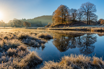 Glowing golden light shining on Autumnal frosty scene at the River Brathay, Lake District, UK.