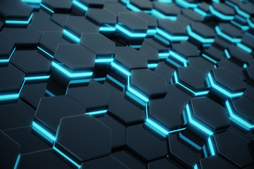 Abstract blue glowing of futuristic surface hexagon pattern. 3D Rendering