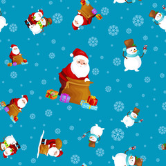 Merry Christmas and Happy New Year Friends Santa Claus in hat snowman in scarf celebrate xmas, snowfall from snowflakes vector illustration