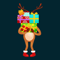 christmas deer with banner isolated, happy winter xmas holiday animal greeting card, santa helper reindeer vector illustration