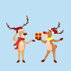 christmas set of deer with banner isolated, happy winter xmas holiday animal greeting card, santa helper reindeer vector illustration