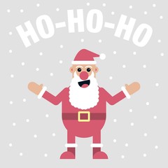 vector illustration with flat santa claus character, snowflakes and ho-ho-ho typography lettering. 