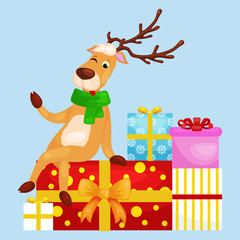 christmas deer with banner isolated, happy winter xmas holiday animal greeting card, santa helper reindeer vector illustration