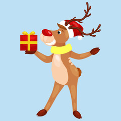 christmas deer with banner isolated, happy winter xmas holiday animal greeting card, santa helper reindeer vector illustration
