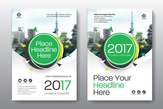 Green Color Scheme with City Background Business Book Cover Design Template in A4. Easy to adapt to Brochure, Annual Report, Magazine, Poster, Corporate Presentation, Portfolio, Flyer, Banner, Website
