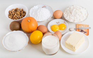 Various ingredients for baking cake.