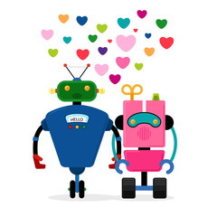 Robot love story vector illustration. Two robots holding hand on white background