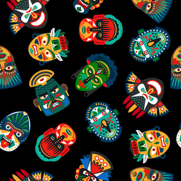Ethnic colorful mask pattern on black background. Vector illustration