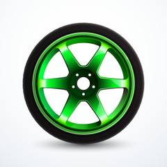 Vector sport wheel with green rim. Car alloy wheel isolated