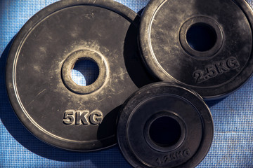dumbbell and iron plates on floor blue