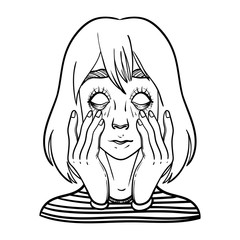 A girl joker shows grimace of faces. Grimacing face like a zombie. Hand drawn vector illustration.