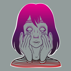 A girl joker shows grimace of faces. Grimacing face like a zombie. Hand drawn vector illustration.