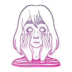 A girl joker shows grimace of faces. Grimacing face like a zombie. Hand drawn vector illustration.