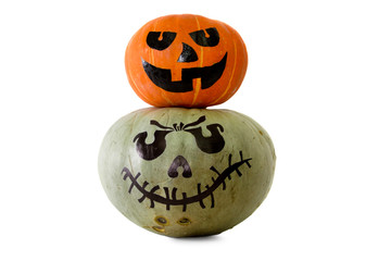 Funny Jack-o-lantern pumpkins on white background