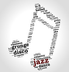 Jazz. Word cloud, musical notes, gradient gray background. Variety of music.