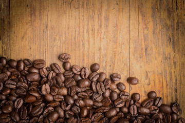 Coffee on a wooden table shot form above with copy space