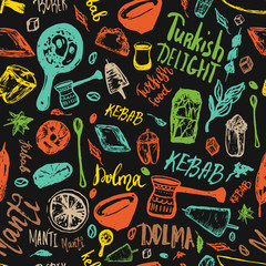 Fototapeta na wymiar Turkish food hand drawn seamless pattern with lettering and beverages with Kebab, Dolma, Shakshuka. Freehand vector doodles isolated on dark background
