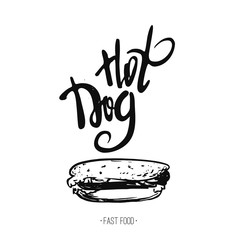 Vector Hot Dog illustration in rough doodle style with freehand line.