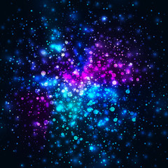 Vector rainbow glowing light glitter background. Galaxy magic lights background. Star burst with sparkles on black background
