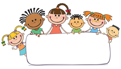 illustration of kids peeping behind placard