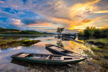Sunset over Ta Dung lake in Dak Nong province, Vietnam.