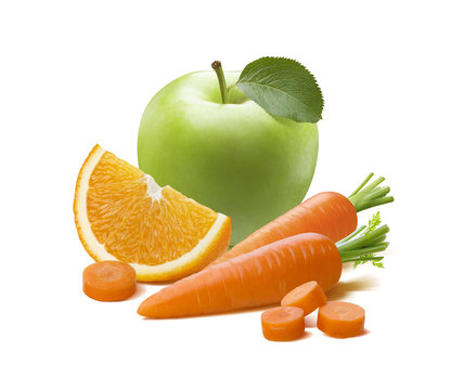 Green apple orange carrot isolated on white background