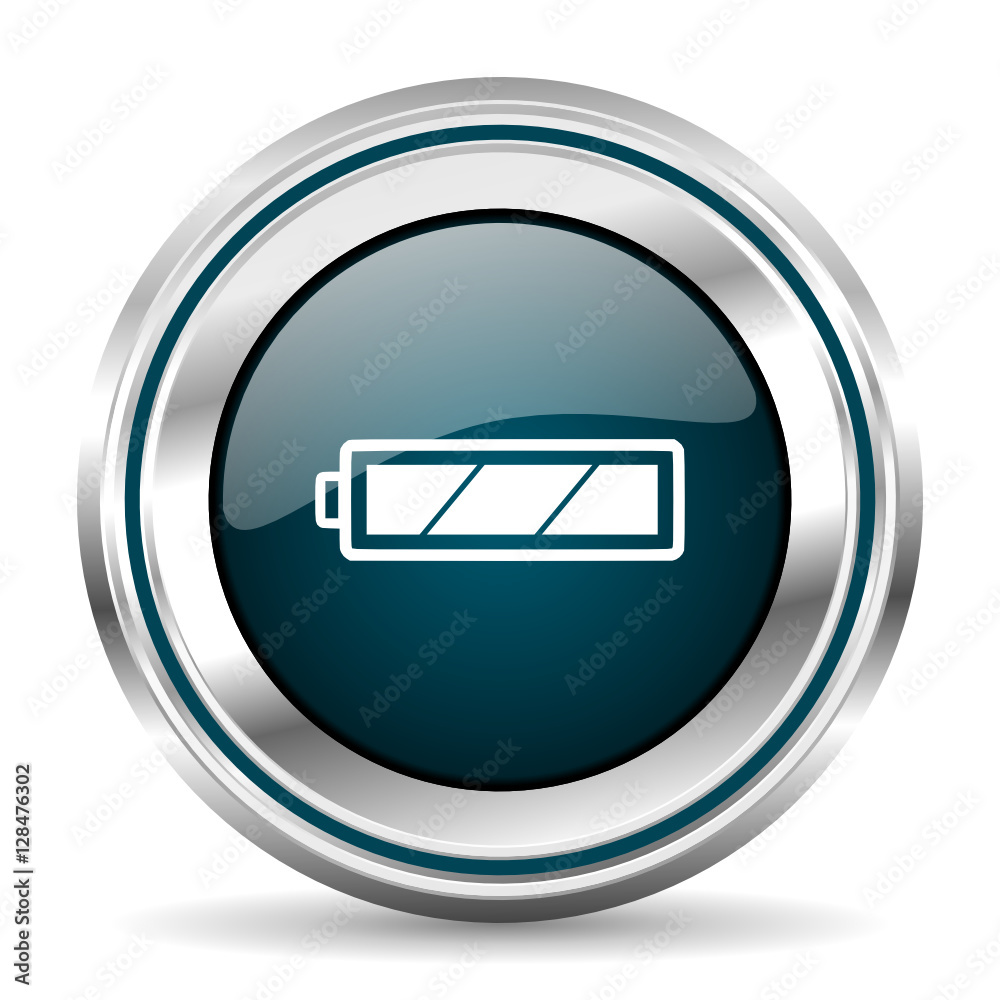 Poster Battery vector icon. Chrome border round web button. Silver metallic pushbutton.