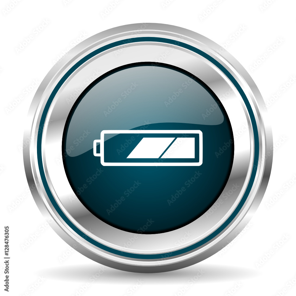 Poster Battery vector icon. Chrome border round web button. Silver metallic pushbutton.