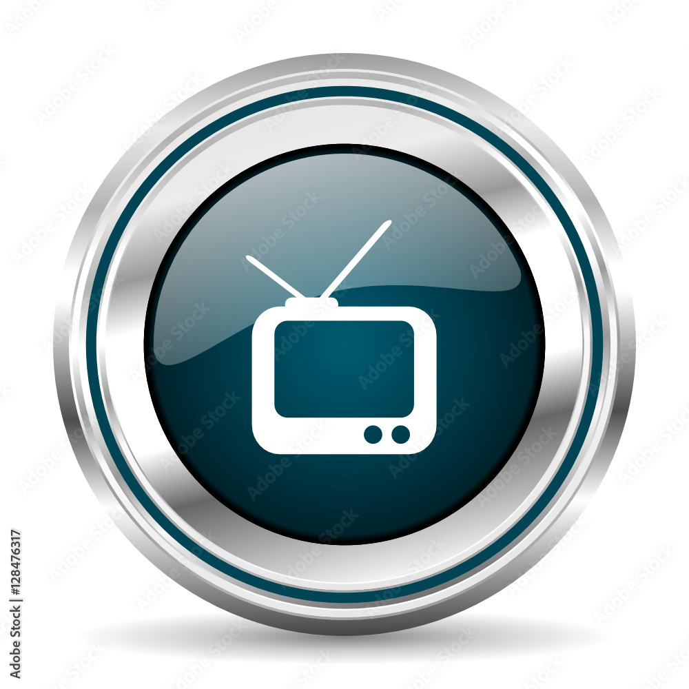 Aufkleber TV vector icon. Chrome border round web button. Silver metallic pushbutton.