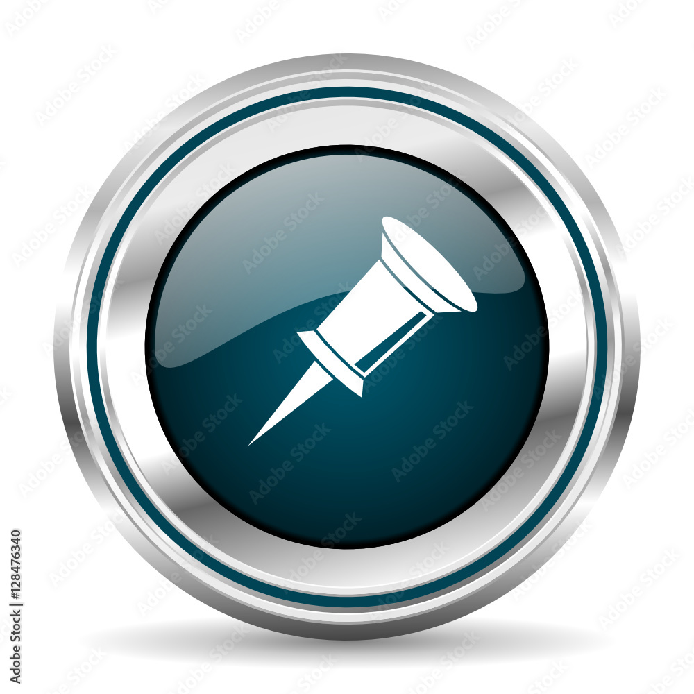 Poster Pin vector icon. Chrome border round web button. Silver metallic pushbutton.