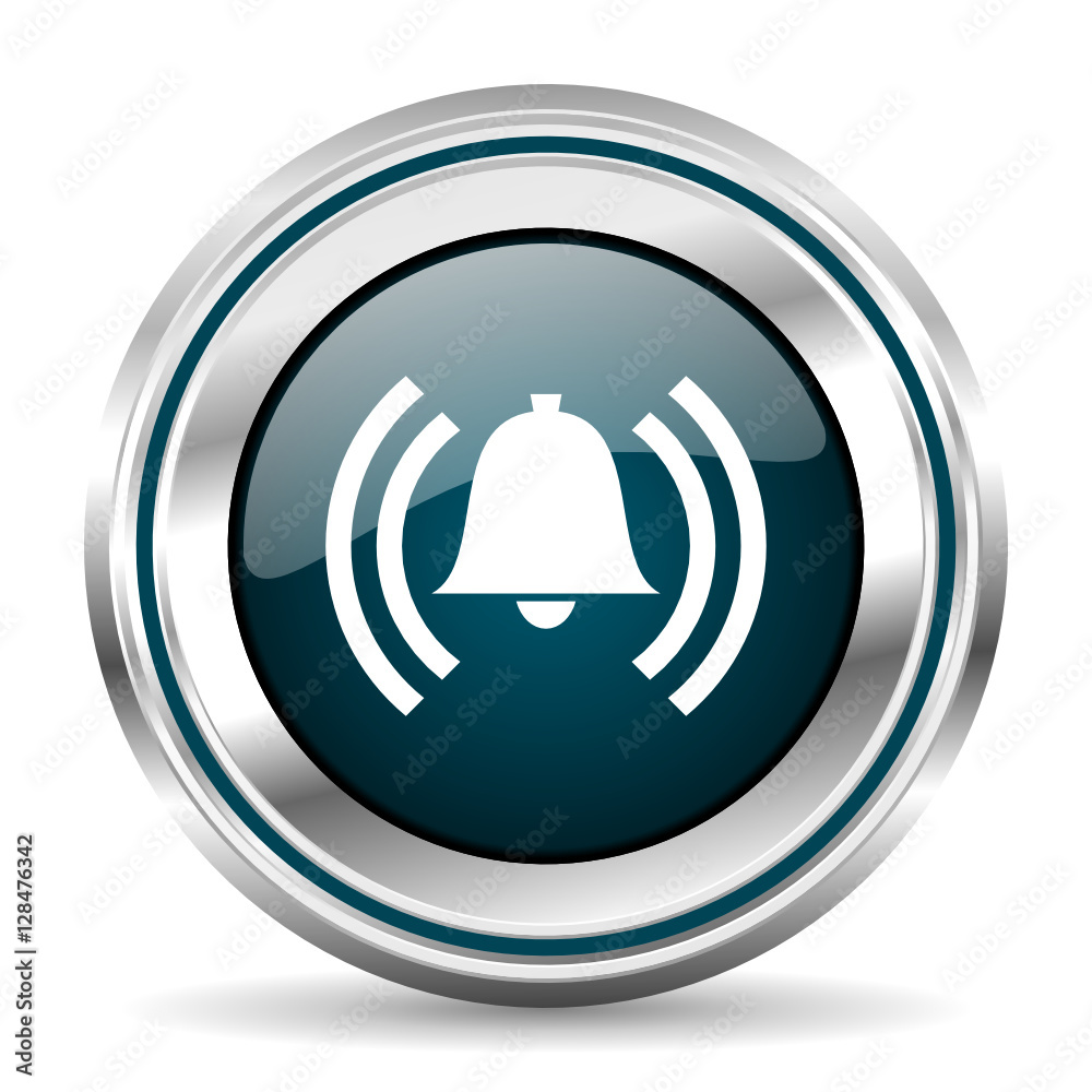 Poster Alarm vector icon. Chrome border round web button. Silver metallic pushbutton.