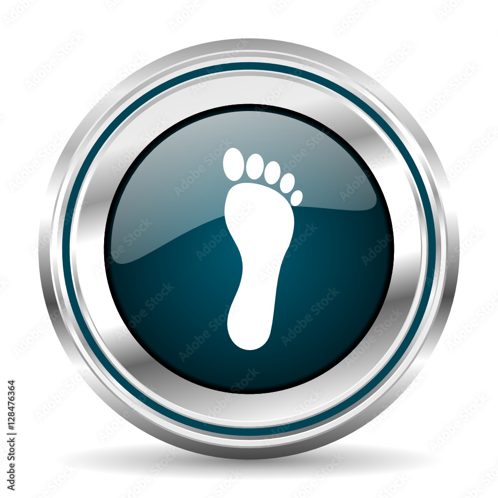 Poster Footprint vector icon. Chrome border round web button. Silver metallic pushbutton.