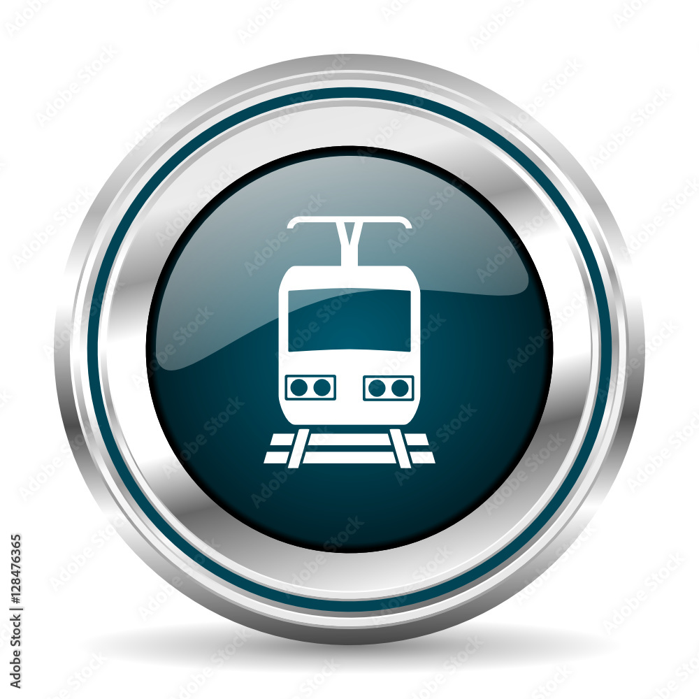 Poster Train vector icon. Chrome border round web button. Silver metallic pushbutton.