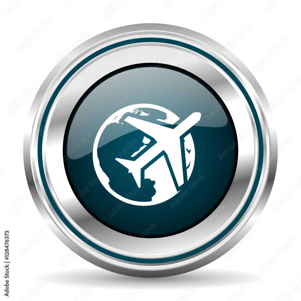 Poster Travel vector icon. Chrome border round web button. Silver metallic pushbutton.