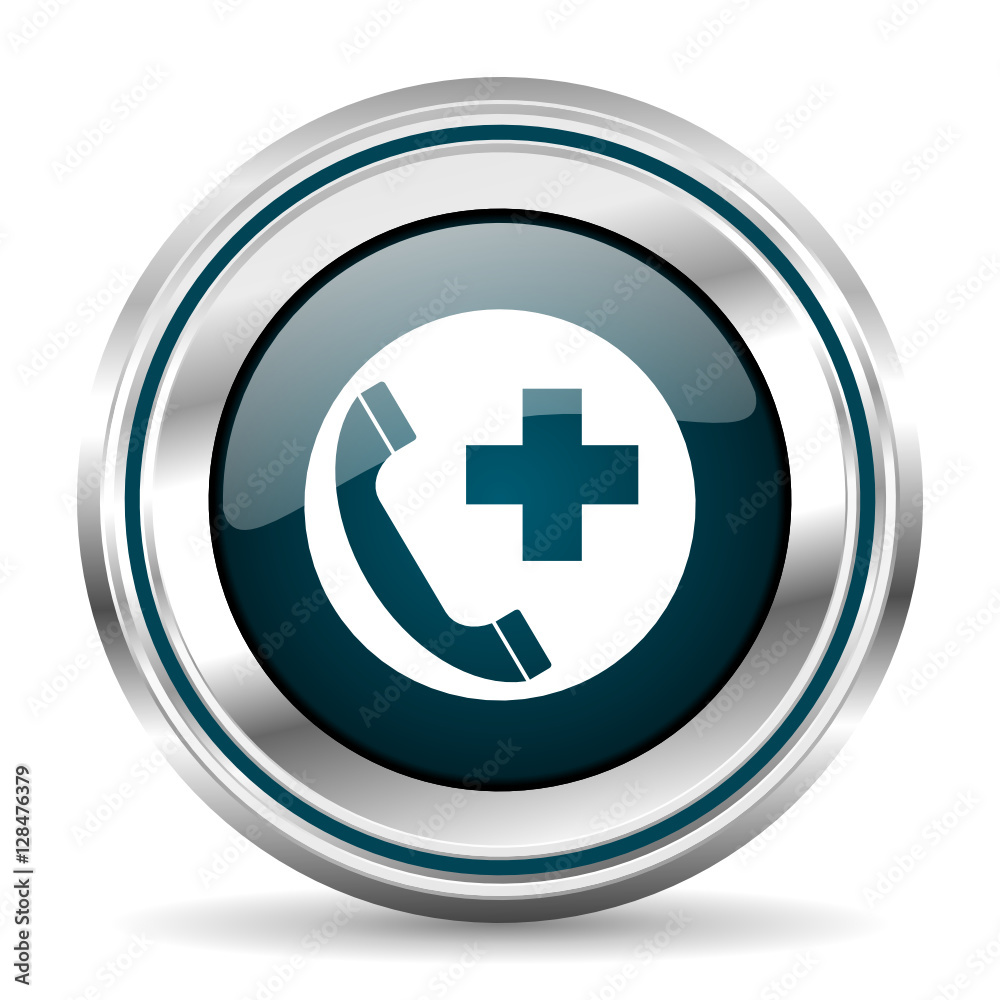 Fototapete Emergency call vector icon. Chrome border round web button. Silver metallic pushbutton.