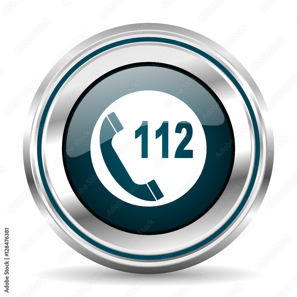 Aufkleber 112 emergency call vector icon. Chrome border round web button. Silver metallic pushbutton.