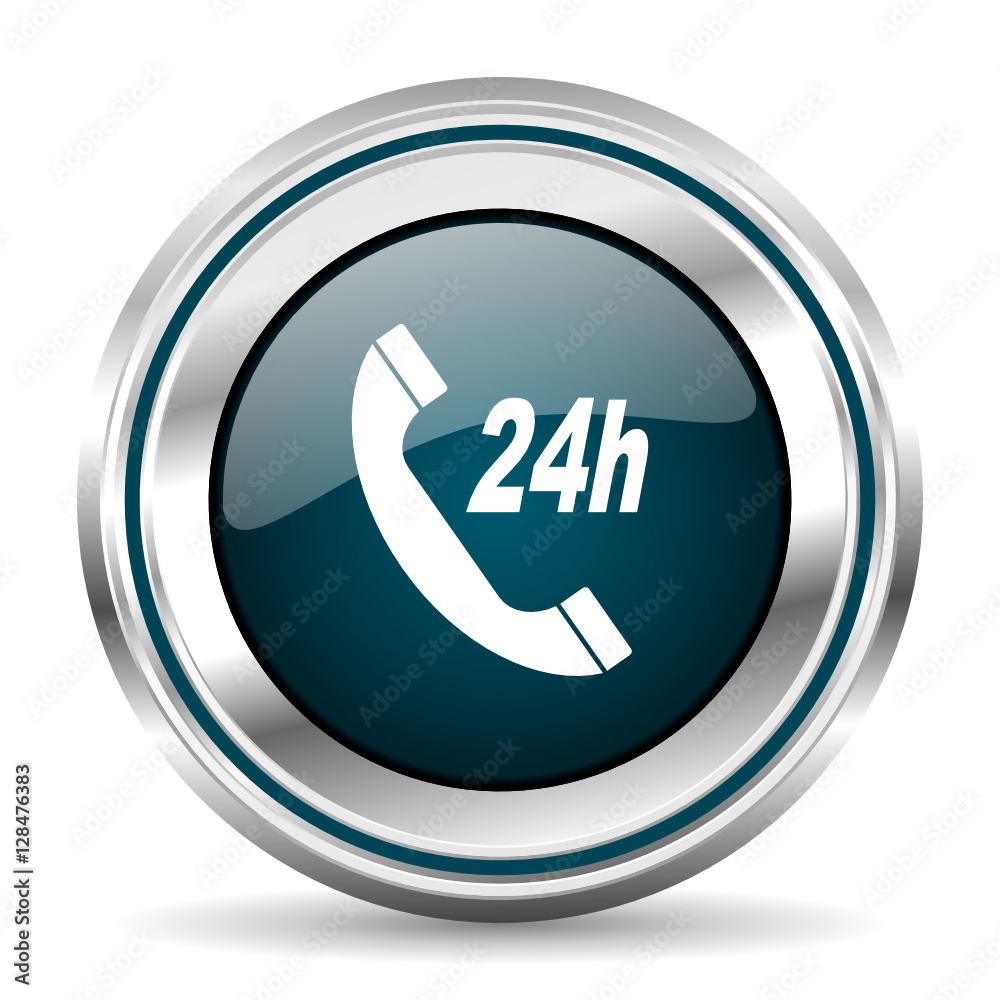 Poster 24 hours service vector icon. Chrome border round web button. Silver metallic pushbutton.
