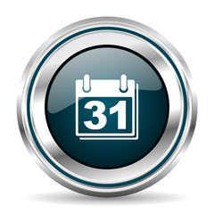 Calendar vector icon. Chrome border round web button. Silver metallic pushbutton.