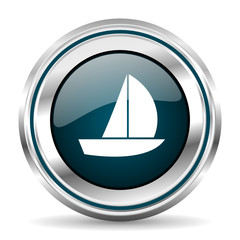 Yacht vector icon. Chrome border round web button. Silver metallic pushbutton.