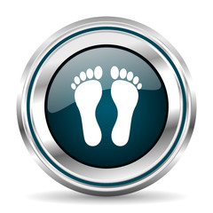 Footprint vector icon. Chrome border round web button. Silver metallic pushbutton.