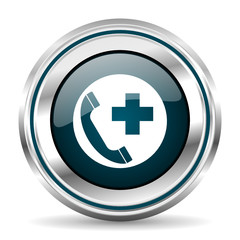 Emergency call vector icon. Chrome border round web button. Silver metallic pushbutton.