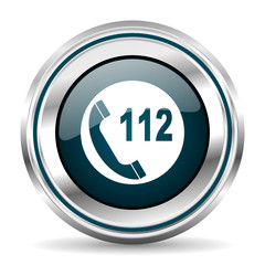 112 emergency call vector icon. Chrome border round web button. Silver metallic pushbutton.