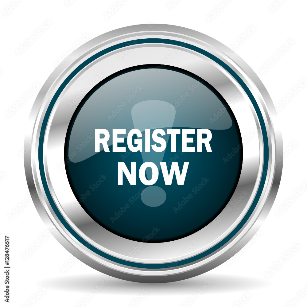Fototapete register now vector icon. chrome border round web button. silver metallic pushbutton.