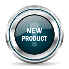 New product vector icon. Chrome border round web button. Silver metallic pushbutton.