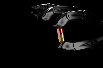 3d illustration robot hand keeps pill on a dark background