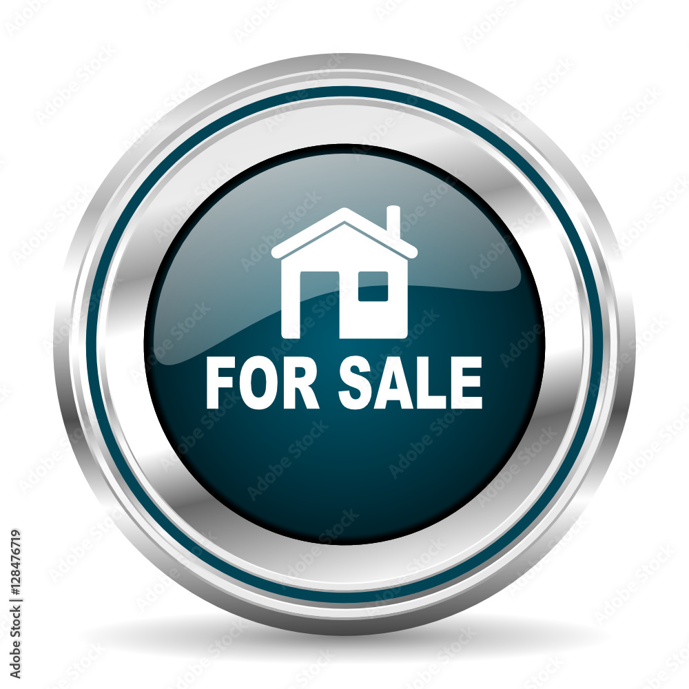 Aufkleber Home for sale vector icon. Chrome border round web button. Silver metallic pushbutton.