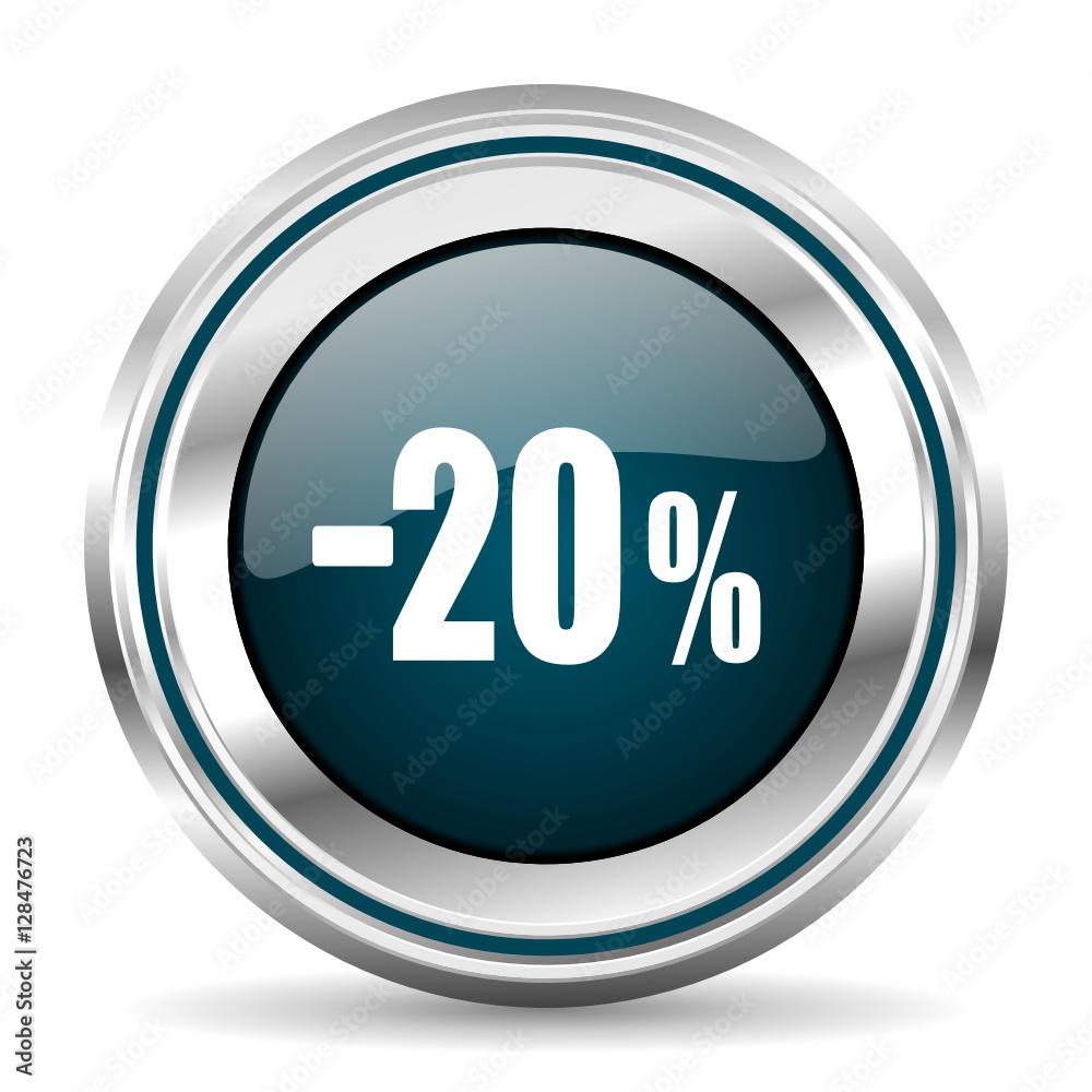 Poster 20 percent sale vector icon. Chrome border round web button. Silver metallic pushbutton.