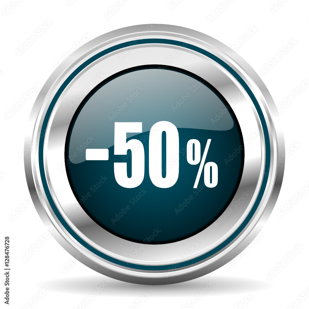 Poster 50 percent sale vector icon. Chrome border round web button. Silver metallic pushbutton.