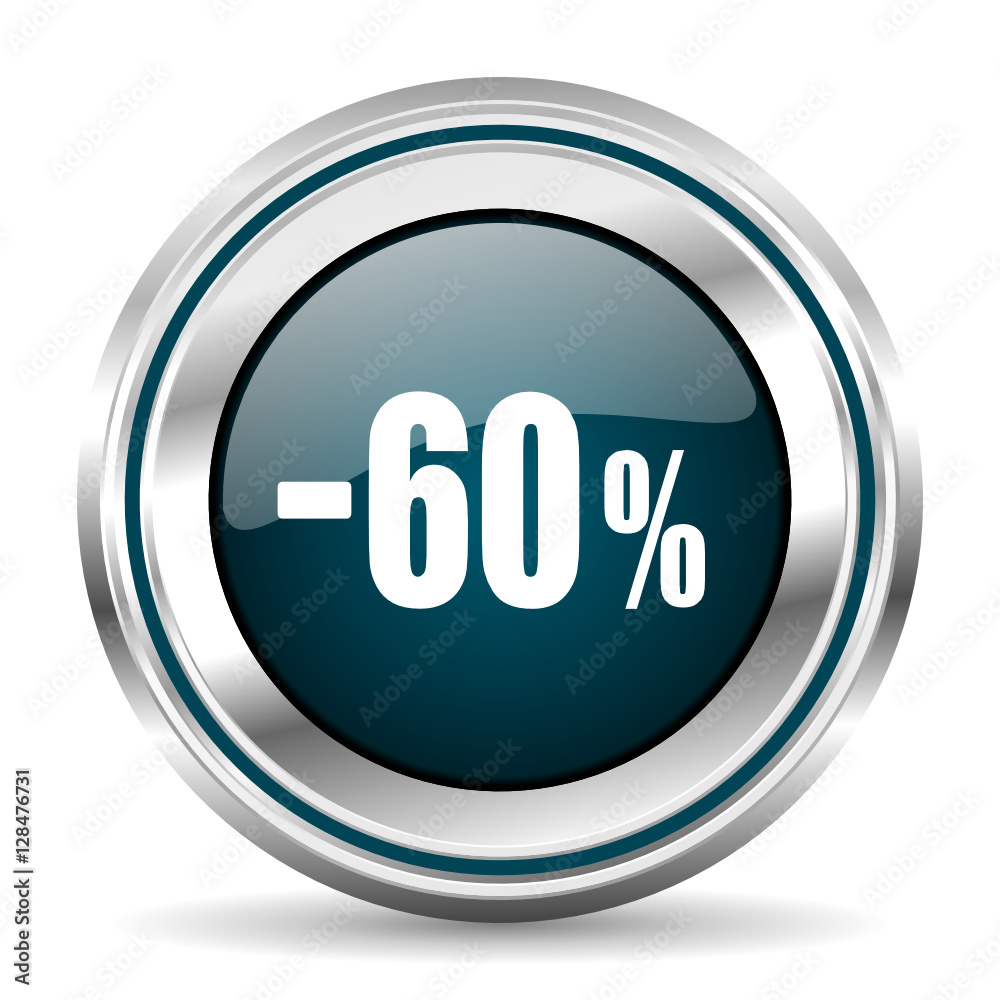 Poster 60 percent sale, vector icon. chrome border round web button. silver metallic pushbutton.