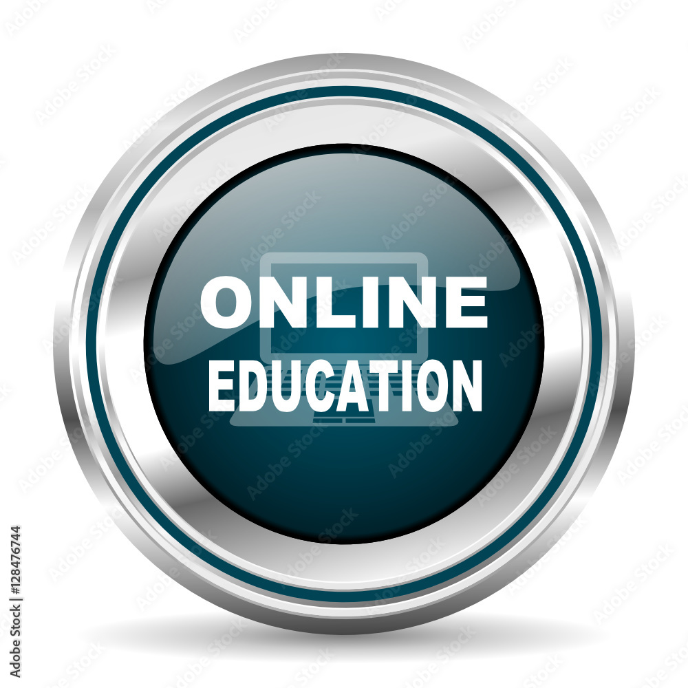 Poster Online education vector icon. Chrome border round web button. Silver metallic pushbutton.